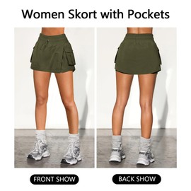 Hragc Women's Athletic Tennis Cargo Military Green Mini Skirt Skort for Women Small High Waisted Side Slit Pleated Golf Skater Skirts with Shorts Pocket