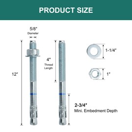 HROMIGRY 5/8" x 12" Concrete Anchors (10 Pack) 5/8 inch Wedge Anchors Bolts Zinc Plated