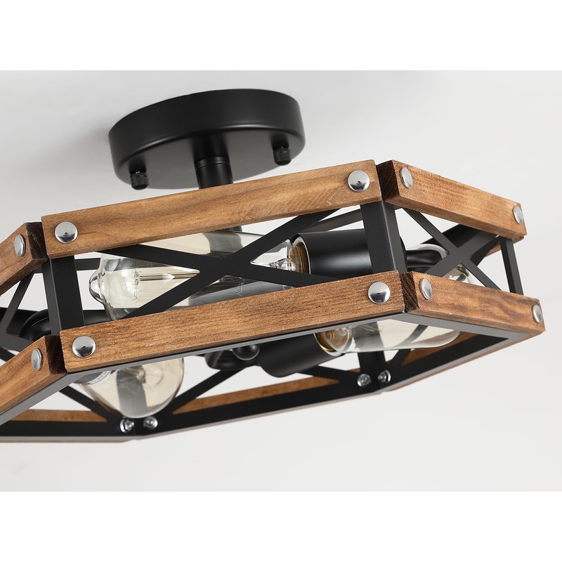 3-Light Rustic Farmhouse Wood Flush Mount Ceiling Light Fixture Oak