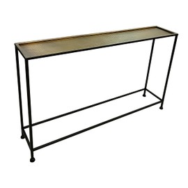 The Urban Port Aurelia 48-Inch Console Sofa Table, Artisanal Hammered Antique Bronze Tray Top, Industrial Black Iron Frame