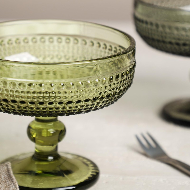 WAIT FLY Vintage Embossed Beads Glass Dessert Bowl Footed Trifle