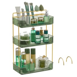 SONGMICS SONGMICS Makeup Organizer, 3-Tier Skincare Organizer Countertop, Customizable, 2 Types of Accessories, Jewelry Holder, for Vanity, Bedroom, Bathroom, Pale Green UJKA013C01