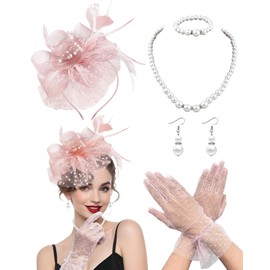 Bnsikun 5Pcs Fascinators Hat for Women Tea Party Veil Mesh Headband Feather Hat for Women Veil Tea Party Hats(Blush Pink)