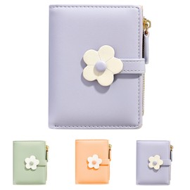 MEISEE Small Wallet for Girls Women Tri-folded Wallet Cash Pocket flowers Print Card Holder Coin Purse with ID Window elegant youthful and cute (2-purple