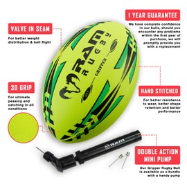 Ram Rugby Gripper 2.0 Pro NEON Trainer Rugby Ball - Hand-stitched - 3-Ply Construction - Hi-tech Bladder - Precision Flight Valve - 3D Grip For Ultimate Passing And Catching Control (Sizes 5, 4 & 3)