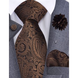 GUSLESON Mens Brown Tie for Wedding Silk Paisley Necktie Pocket Square Cufflinks and Lapel Pin Brooch Set (6103-27)