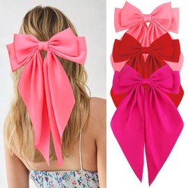 VELSCRUN Velscrun Hair Bows for Women Girls 3Pcs Pink Red Rose Red Silky Satin Large Bows Hair Clip Oversized Hair Ribbons Long Tail Big Bows Hair Accessories