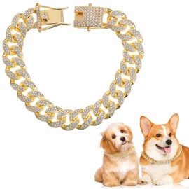 QESSUVNC Puppy Chain Gold Chain Cat Collar Gold 50cm/20in Dog Collar Gold Dog Chain Collar Diamond Cuban Collars Walking Metal Chain Collar with Design Secure Buckle Pet Cuban Crystal Jewelry Collar