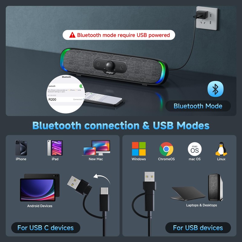 SOULION R200 PC Speaker USB Bluetooth Soundbar for Laptop, Monitor,