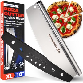16" Pizza Cutter by KitchenStar | Sharp Stainless Steel Slicer Knife - Rocker Style w Blade Cover | Chop and Slices Perfect Portions + Dishwasher Safe - Premium Pizza Accessories