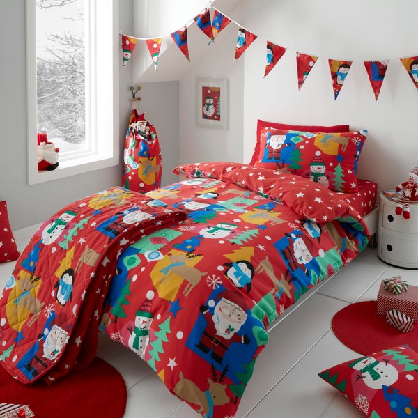 Happy Linen Company Girls Boys Kids Jolly Christmas Xmas Santa Red Toddler Cot Bed Reversible Soft Easy Care Bed Linen Duvet Cover Quilt Bedding Set With Pillow Case