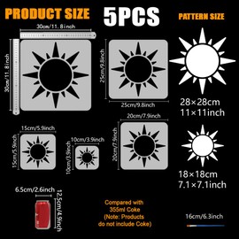 FINGERINSPIRE 5 Pcs Sun Stencils with a Brush 5 Sizes Sun Painting Stencil Reusable PET Autumn Suns Home Template Fantasy Theme Decoration Template for Painting on Wood Wall Floor Furniture