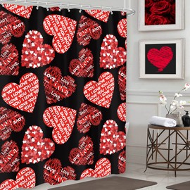 Imirell Happy Valentine's Day Shower Curtain 60Wx72H Inches Black Red Hearts with Quote Text I Love You Couple Lovers Romantic Bathroom Decora Fabric Waterproof Polyester with 12 Pack Hooks Plastic