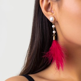 Boho Feather earrings for Women Long Feather Dangle Earrings Feather Tassel Drop Earrings for Women Jewelry Gifts(Red)