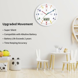 Foxtop Kids Learning Wall Clock Silent Analogue 12 Inch Teaching Clock for Classrooms Children's Room Clocks with Time Week Temperture LCD Display