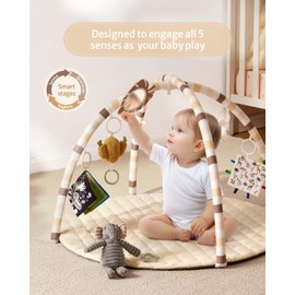 Blissful Diary Baby Play Gym Mat, Tummy Time Activity Mat with 6 Detachable Toys for Stage-Based Sensory & Motor Skill Development, Easy to Install & Clean, Baby Essentials Gift, Sandy Beige