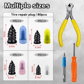 80Pcs Tire Repair Rubber Nails Kit with 4 Sizes, Vacuum Tire Repair Rubber Nail, Screw in Tire Repair Plugs, Tire Rubber Nails Tool, Quick Self-Service Tire Plugs Screw Type for Car, Motorcycle, Truck
