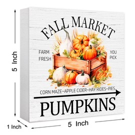Funny Autumn Wood Box Sign Fall Market Pumpkins Wooden Block Desk Decor for Home Office Kitchen Cubicle Table Shelf Tabletop,Farmhouse Fall Sign Decor