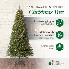 Home Heritage 7 Foot Brighampton Spruce Artificial Christmas Tree with Warm White LED Lights for Seasonal Decorations, Display, and Home Ornamentals