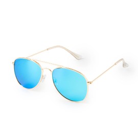 Kiddus Sunglasses for Girls, Boys, Kids. Age 10+. UV400 100% Protection Against Ultraviolet Rays. CAT3. Polarised. Aviator Style, Golden Aviator - Blue Lens