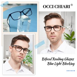 OCCI CHIARI Bifocals Reading Glasses for Men,Transition Square Eye Protection Readers 1.0 1.5 2.0 2.5 3.0 3.5 4.0(Black 150+)