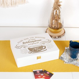 LAUBLUST Large Tea Box with Engraving - Approx. 29 x 22 x 8 cm | 12 Compartments - Tea Box with Snap Closure - Wooden Tea Bag Dispenser | Gift for Tea Lovers (White, Favourite Cup)