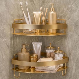 YEMNMFH Corner Shower Shelves - 2 Tier No Drilling Shower Caddy Adhesive, Stainless Steel Shower Organizer with 4 Hooks, Wall Mounted Shower Rack for Inside Shower Corner Shelf, Gold Floating Shelves