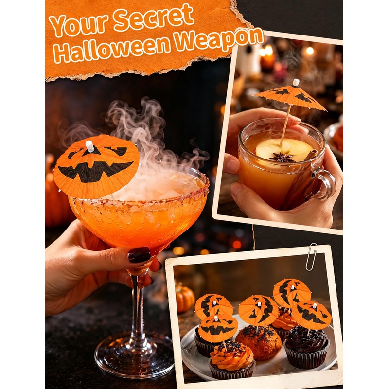120Pack Halloween Pumpkin Drink Cocktail Umbrellas Picks
