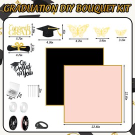 241Pcs Glitter Graduation Flower Bouquet Kit 80 Black Pink Gold Trim Floral Wrapping Paper 48 Gold 3D Butterfly 8 Grad Toppers 100 Corsages Pins Ribbons Tools for 2026 Congrats Grad Decor