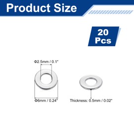 uxcell 20 Pcs M2.5 Flat Washer, 2.5x6x0.5mm 304 Stainless Steel Flat Spacers for Screw, Bolt, Automotive, Industrial Machinery