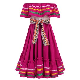 EFOGEP Traditional Mexican Dress for Girls Tie Waist Vestidos Mexicanos para Mujer Cinco de Mayo Dance Cultural Dresses Rose 6-7 Y