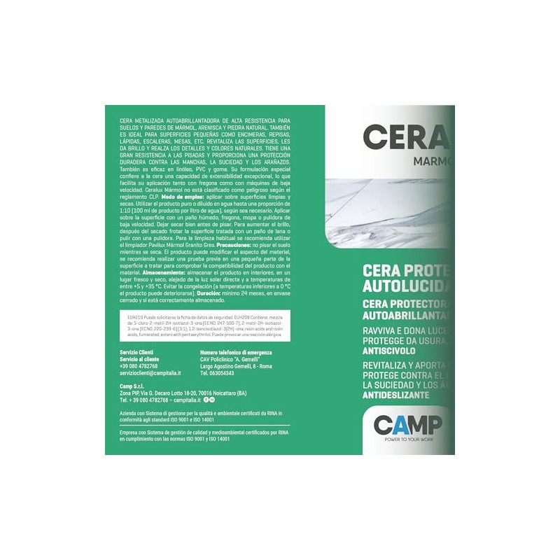 Camp CERALUX Marmo, Cera metallizzata autolucidante protettiva specifica per marmo,