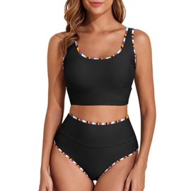 Herseas Women's 2 Piece High Waisted Bikini Sets Sporty Swim Suit Color Block Edge 2025 Beach High Cut Bathing Suits Black Small