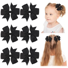 Choicbaby 3 Inches Hair Bows for Girls Black Grosgrain Ribbon Pinwheel Hair Bows Clips Toddler Bows Hair Clips for Birthday Baby Shower Gifts 6 Pack Photo Props