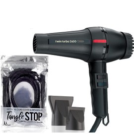 Turbo Power Twin Turbo 2600 Black Hair Dryer Model 304 and M Hair Designs Tangle Stop Cord Detangler (Bundle 2 Items)