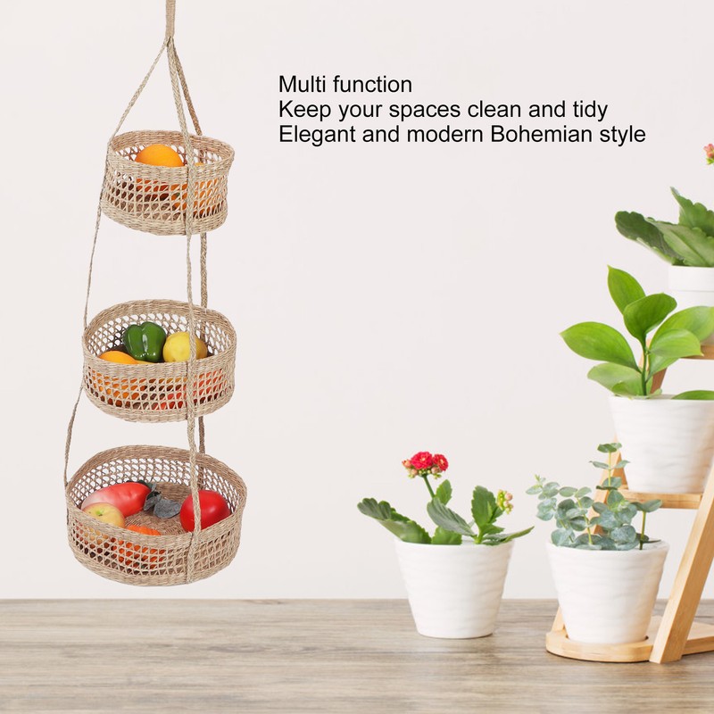 Hanging Fruit Basket Rattan 3 Tiers Multifunctional Foldable Elegant Style