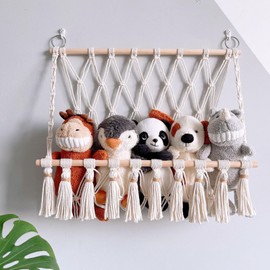 JENPECH Macrame Stuffed Animal Toy Hammock, Boho Stuffed Animal Wall Hanging Rope Net, Wall Toy Storage Rock Organizer for Kids Toys Nursery Room Decor (C)