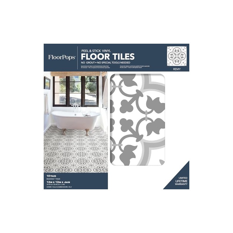 FloorPops FP2953 Remy Peel & Stick Floor Tiles, Grey