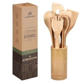 Pack of 8 Bamboo Cooking Utensils - Includes Cooking Spoon, Spatula, Spatula, Fork, Kitchen Tongs, Easy to Clean - Great Gift for Friends & Family