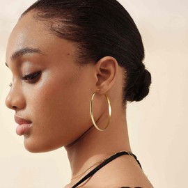 RANKEEF 3 mm Wide Large Hoop Earrings 925 Silver for Women Hypoallergenic Sterling Silver Post Lightweight 14K Gold-Plated Earrings Hoop Earrings Gold Large 30/40/50/60 mm, Silver, No Gemstone