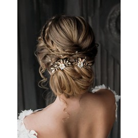 2 pieces bridal hair accessories, wedding hair pins pieces with flowers for brides (Golden, One size)