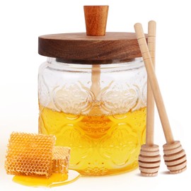 Loscarol Honey Pot with Dipper and Lid - 18.5oz Vintage Glass Honey Jar with Wooden Honey Dippers Stick Set, Wide Mouth Storage Honey Containers - Airtight Syrup Dispenser Cute Decorative Jars