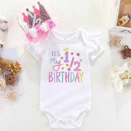 Baby Rompers Half way to one Baby girl 1/2 Birthday one piece outfit Halfway to first half birthday crown white 6 Months