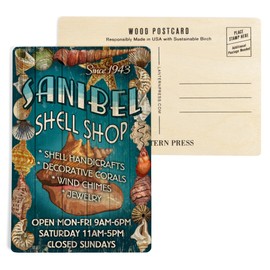 Sanibel, Florida, Shell Shop Vintage Sign (4x6 Birch Wood Postcards, 2-Pack Stationary, Rustic Home Wall Decor)