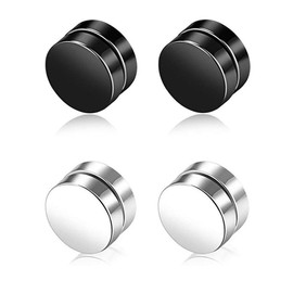 4 Pcs Magnetic Stainless Steel Non-Pierced Earrings for Women Men Unisex Minimalist Silver Black Round Disc 8mm Double Sided Ear Lobe Fake Clip Sleeper Small Studs Jewelry Gifts