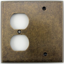 Aged Antique Brass 2 Gang Combination Switch Plate - 1 Duplex Outlet Opening 1 Blank