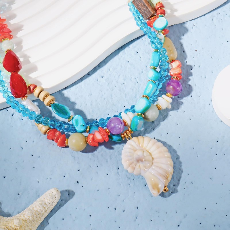 Firstmeet Bohemian Summer Necklace with Conch Pendant Glass, Shell, Acrylic,