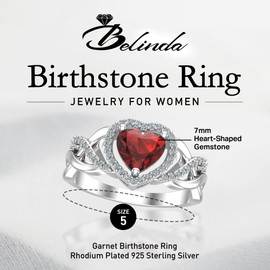 Belinda Jewelz Womens 925 Sterling Silver Garnet Red Gemstone Ring Size 7 CZ Diamond Heart Shaped Rhodium Twisted Band Jewelry Gift for Engagement Wedding