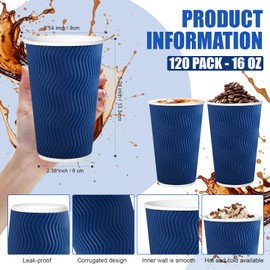 RXLWYUNLAE 120 Pack Paper Coffee Cups, 16 oz Disposable Paper Cups,Corrugated Insulated Ripple Wall, Paper Ripple Cups for Coffee, Hot Chocolate and Hot Tea Drinks - Navy