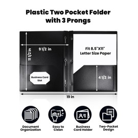 SUNEE 2 Pocket Folders with Prongs (3 Pack, Black) Plastic Folders with Pockets and Prongs Fit Letter Size, Poly Folders with Pockets for School Office Home Business